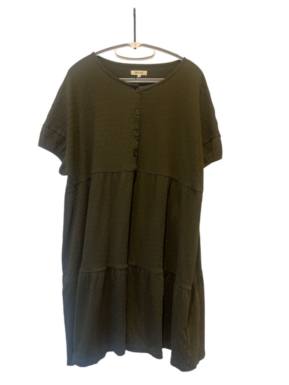 Madewell Olive Green Textured Tiered Babydoll Dress Button Front